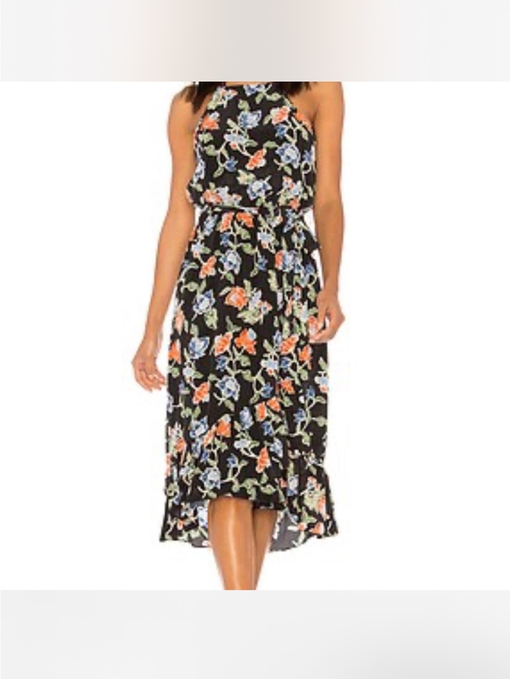 Joie Silk Black Floral High-Low Halter Midi Dress large